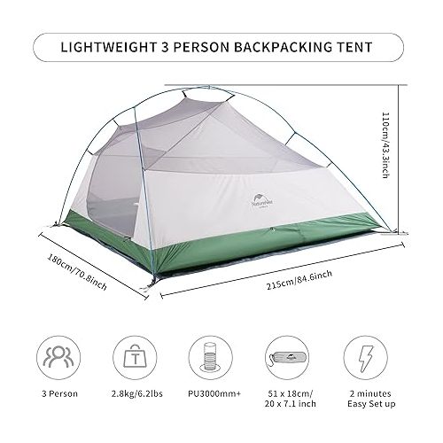  Naturehike Cloud-Up 3 Person Lightweight Backpacking Tent with Footprint - 3 Season Free Standing Dome Camping Hiking Waterproof Backpack Tents