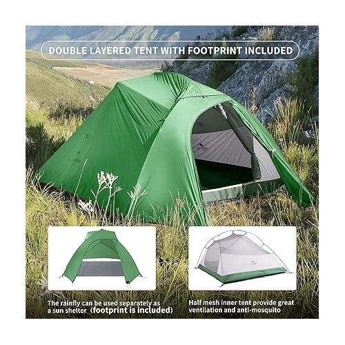  Naturehike Cloud-Up 3 Person Lightweight Backpacking Tent with Footprint - 3 Season Free Standing Dome Camping Hiking Waterproof Backpack Tents