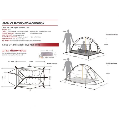  Naturehike Cloud-up 2 Ultraleichtes Campingzelt fuer 2 Personen - Wasserdichtes Doppelschicht Backpackingzelt 4 Seasons