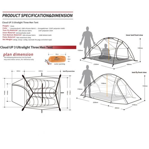  Naturehike Cloud-up 3 Ultraleichtes Campingzelt fuer 3 Personen - Wasserdichtes Doppelschicht Backpackingzelt 4 Seasons