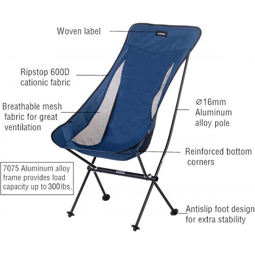  Naturehike Lightweight High Back Camping Chair, Backpacking Chair Heavy Duty 300lbs Capacity, Compact Portable Folding Chair for Hiking, Fishing, Picnic, Outdoor Camping, Travel