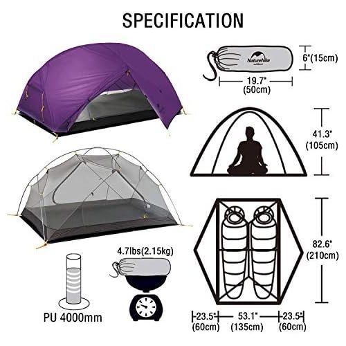  Naturehike Mongar Backpacking Camping Tent 2 Person Lightweight 3 Season Waterproof Hiking Tent Double Crossbars Easy Setup Double Layer for Hunting Outdoor Mountaineering Travel w