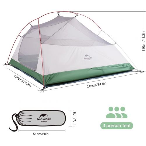  Naturehike Cloud-Up 3 Person Lightweight Backpacking Tent with Footprint - Free Standing Dome Camping Hiking Waterproof Backpack Tents