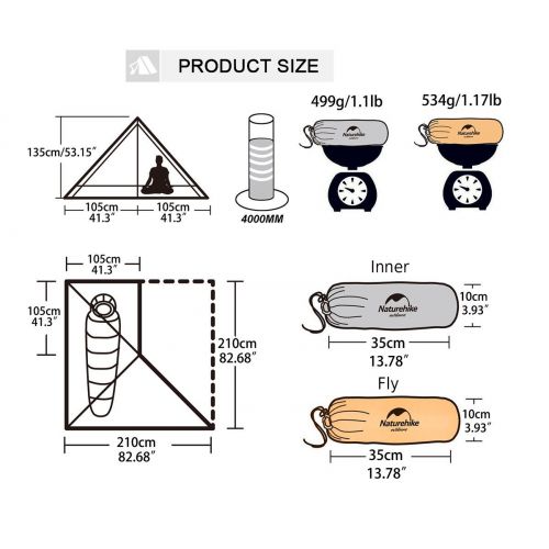  Naturehike Trekking Pole Tent Ultralight 1 Person 3 Season Tent, Lightweight Pyramid Tent for Mountaineering Hiking Camping
