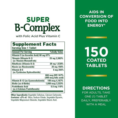  [무료배송]Natures Bounty Super B-complex with Folic Acid Plus Vitamin C, No Artificial Favors, White, 150 Count