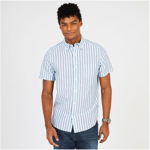  Nautica Short Sleeve Classic Fit Striped Linen Button Down Shirt