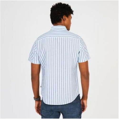  Nautica Short Sleeve Classic Fit Striped Linen Button Down Shirt