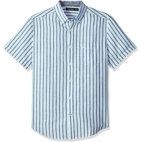  Nautica Short Sleeve Classic Fit Striped Linen Button Down Shirt