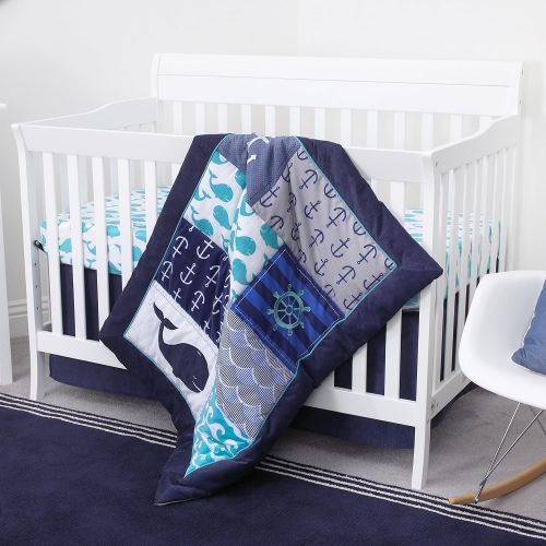  Nautica Kids Set Sail Nautical/Whale/Anchor Super Soft Double Sided Baby Blanket, Navy, Aqua, White