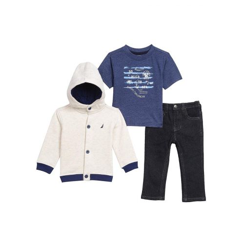  Nautica Baby Boys Fleece Button Up Hoodie, Tee and Denim Pant Set