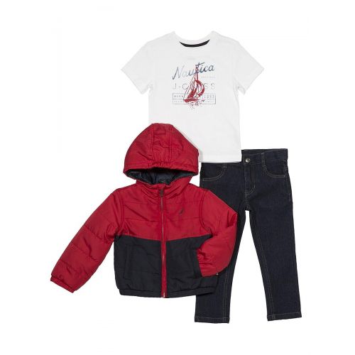  Nautica Baby Boys Color Block Puffer Jacket, Tee and Denim Pant Set