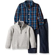 Nautica Baby Three Piece Set with Woven Shirt, Quarter Zip Sweater, and Denim Jean