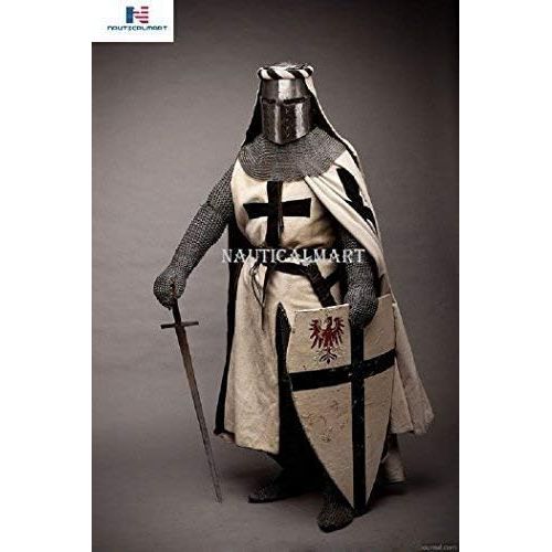  NAUTICALMART Knights Templar Cross Surcoat Chain Mail Hood Armor with Crusade Helmet