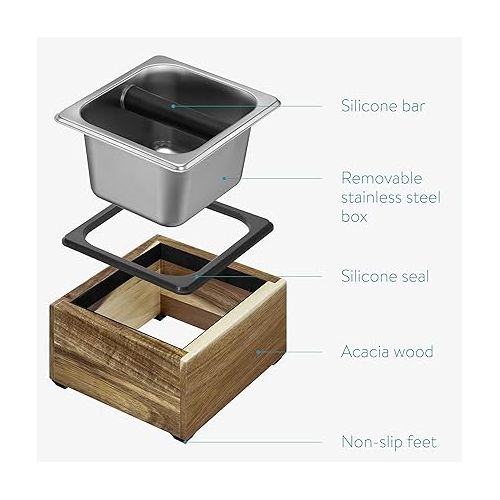  Navaris Coffee Knock Box - Stainless Steel and Wood Bin for Espresso Machine Coffee Grounds - With Silicone Bar for Knocking Portafilter Filter Grinds