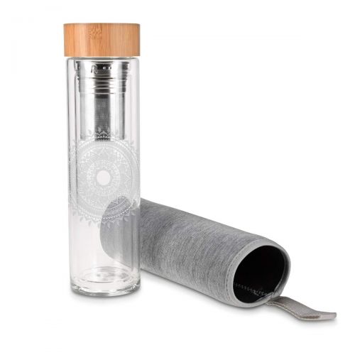  Navaris Teeflasche aus Glas mit Sieb - 500ml Tee Flasche Teekanne to go - Trinkflasche Indische Sonne - doppelwandig aus Borosilikatglas mit Huelle in Grau