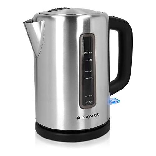  Navaris Edelstahl Wasserkocher 1,7l - 2200 Watt - mit Abschaltautomatik Fuellstandsanzeige Anti-Kalk Schutzfilter - grosse OEffnung - Metallic Silber