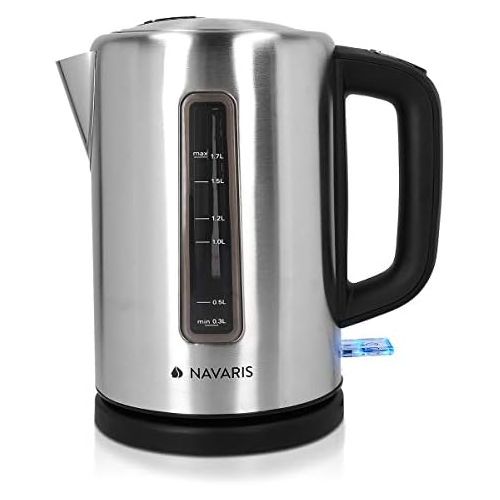  Navaris Edelstahl Wasserkocher 1,7l - 2200 Watt - mit Abschaltautomatik Fuellstandsanzeige Anti-Kalk Schutzfilter - grosse OEffnung - Metallic Silber