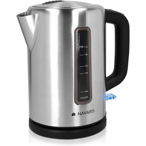  Navaris Edelstahl Wasserkocher 1,7l - 2200 Watt - mit Abschaltautomatik Fuellstandsanzeige Anti-Kalk Schutzfilter - grosse OEffnung - Metallic Silber