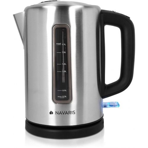  Navaris Edelstahl Wasserkocher 1,7l - 2200 Watt - mit Abschaltautomatik Fuellstandsanzeige Anti-Kalk Schutzfilter - grosse OEffnung - Metallic Silber