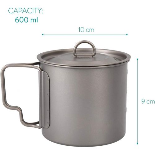  Navaris Titanium Camping Cup Mug - 600 ml (20.3 oz) Metal Cookware Pot for Coffee, Water and Hot or Cold Food with Lid, Folding Handle, Bag - Size L