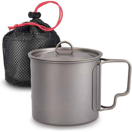  Navaris Titanium Camping Cup Mug - 600 ml (20.3 oz) Metal Cookware Pot for Coffee, Water and Hot or Cold Food with Lid, Folding Handle, Bag - Size L