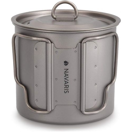  Navaris Titanium Camping Cup Mug - 600 ml (20.3 oz) Metal Cookware Pot for Coffee, Water and Hot or Cold Food with Lid, Folding Handle, Bag - Size L