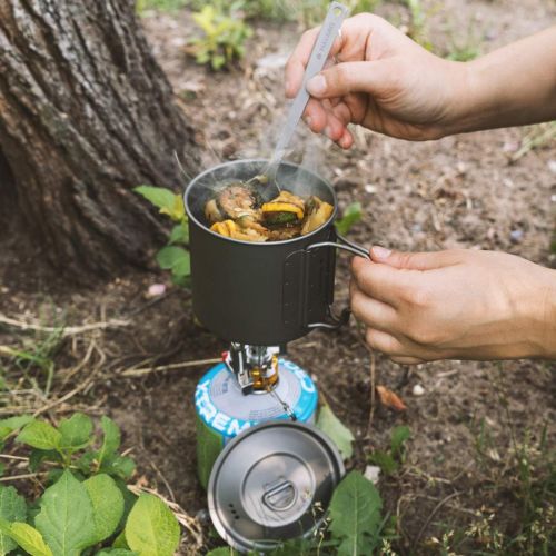  Navaris Titanium Camping Cup Mug - 600 ml (20.3 oz) Metal Cookware Pot for Coffee, Water and Hot or Cold Food with Lid, Folding Handle, Bag - Size L