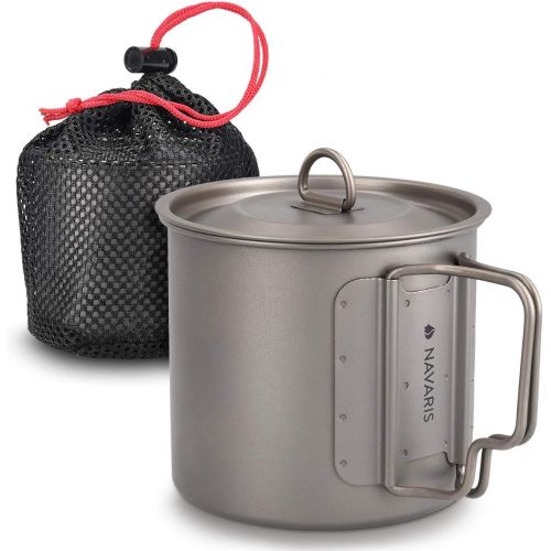  Navaris Titanium Camping Cup Mug - 600 ml (20.3 oz) Metal Cookware Pot for Coffee, Water and Hot or Cold Food with Lid, Folding Handle, Bag - Size L