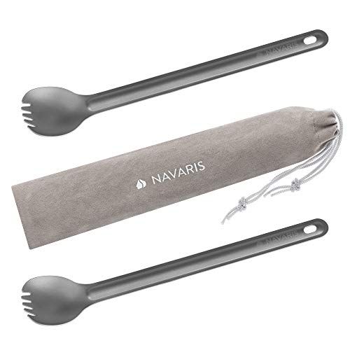  Navaris Long Handle Titanium Sporks (Set of 2) - 8.4 (21.5cm) Long Metal Spork Set for Backpacking and Camping - Strong Ultra Lightweight Cutlery
