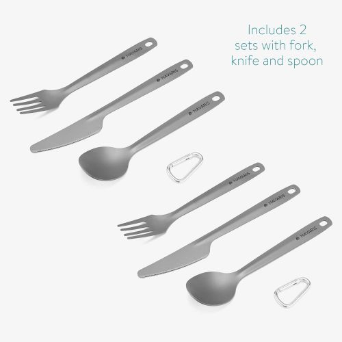  Navaris Titanium Camping Cutlery Set (2 Sets) - Lightweight Camping Utensils for Two - Knife, Fork and Spoon with Carabiner Clip for Hiking Travel