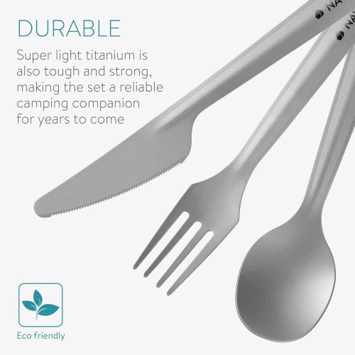  Navaris Titanium Camping Cutlery Set (2 Sets) - Lightweight Camping Utensils for Two - Knife, Fork and Spoon with Carabiner Clip for Hiking Travel