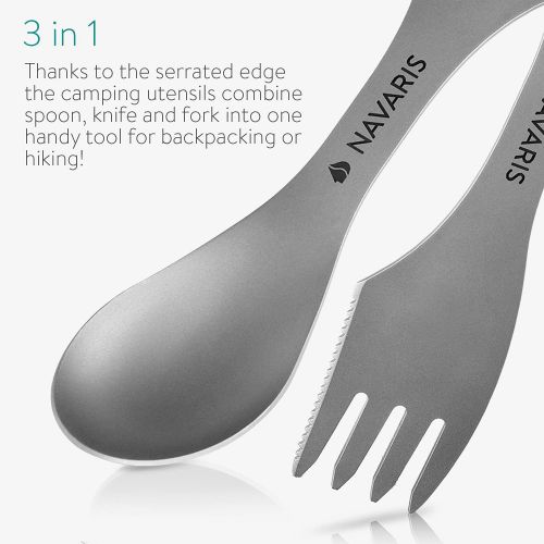  Navaris Titanium Spork Camping Utensil - 3-in-1 Fork, Spoon, Knife Cutlery Combo - Lightweight Metal Silverware for Backpacking, Hiking, Outdoors