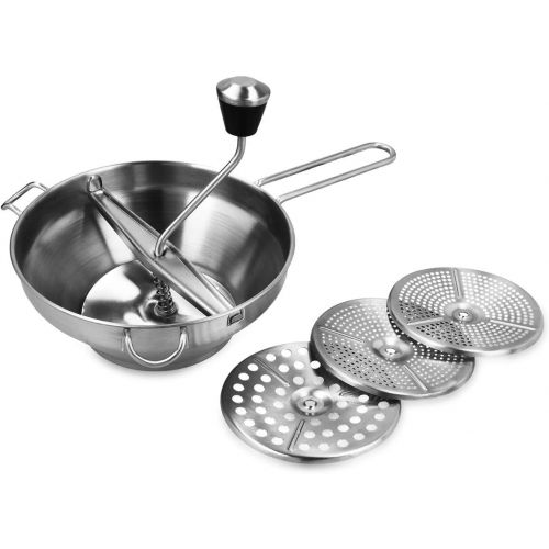  [아마존베스트]Navaris Stainless Steel Food Mill - Rotary Food Mill Vegetable Strainer Potato Masher Grinder with 3 Milling Discs, 1 Quart Capacity - Dishwasher Safe