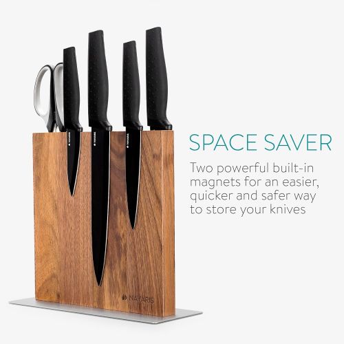  Navaris Wood Magnetic Knife Block - Double Sided Wooden Magnet Holder Board Stand for Kitchen Knives, Scissors, Metal Utensils - Walnut, 8.9 x 8.7 in