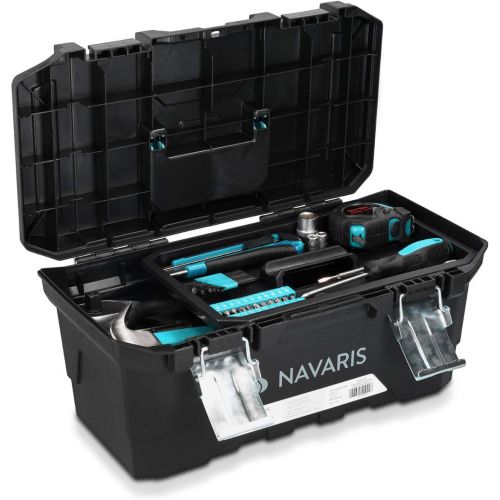  Navaris Tool Box 16 Inch - 40cm Rugged Plastic Multi-Purpose Toolbox Case with Lift-Out Organizer Tray to Store and Transport Tools - 2 Latches