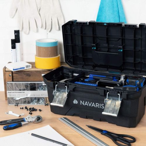  Navaris Tool Box 16 Inch - 40cm Rugged Plastic Multi-Purpose Toolbox Case with Lift-Out Organizer Tray to Store and Transport Tools - 2 Latches