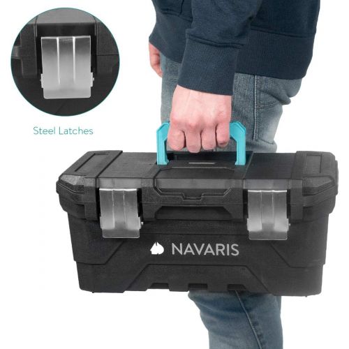  Navaris Tool Box 16 Inch - 40cm Rugged Plastic Multi-Purpose Toolbox Case with Lift-Out Organizer Tray to Store and Transport Tools - 2 Latches