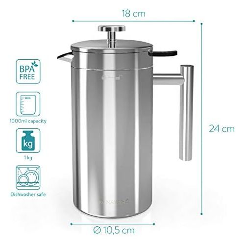  [아마존베스트]Navaris French Press Coffee Maker with Thermal Function - 1 L Coffee Press Coffee Maker Coffee Pot - Keeps Warm up to 80 min - Dishwasher Safe