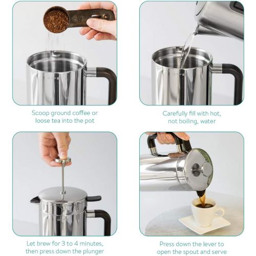  [아마존베스트]Navaris French Press Coffee Maker with Thermal Function - 1 L Coffee Press Coffee Maker Coffee Pot - Keeps Warm up to 80 min - Dishwasher Safe