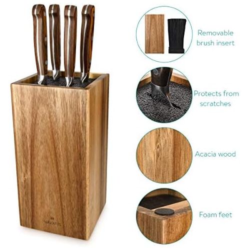  [아마존베스트]Navaris Knife block made of acacia wood with bristle insert, knife block untipped made of wood, universal for kitchen knives, chefs knives, cooking utensils.