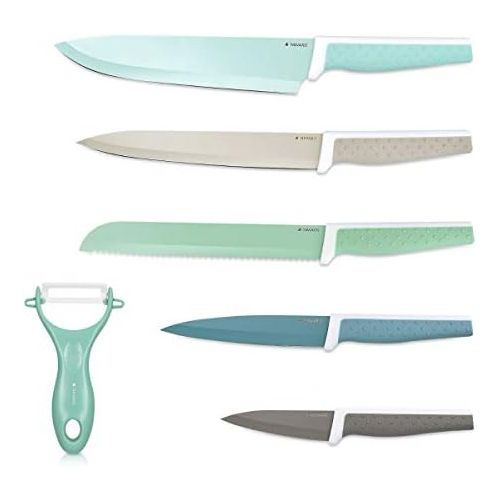  [아마존베스트]Navaris 6-Piece Knife Set 6 with Peeler 5 x Stainless-Steel Kitchen Knives and 1 Ceramic Vegetable Peeler Meat Knife Set Colourful
