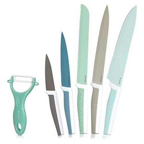  [아마존베스트]Navaris 6-Piece Knife Set 6 with Peeler 5 x Stainless-Steel Kitchen Knives and 1 Ceramic Vegetable Peeler Meat Knife Set Colourful