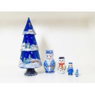 /NavilaNaturalShop Matryoshka Nesting Doll Handmade Christmas Nesting Blue tree Santa Snowmen 5 pc 9-10 in high