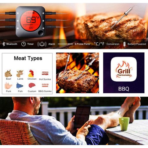  NeeQi Bluetooth Meat Thermometer Smart Wireless Remoted Digital BBQ Thermometer with 6 Stainless Steel Probes Monitor APP Controlled for Barbecue Cooking Smoker Kitchen Oven