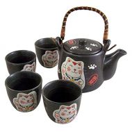 Needzo Japanese White Lucky Cat Infuser Teapot Kettle with 4 Handleless Tea Cups Gift Set