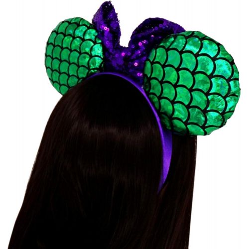  Needzo Mermaid Mouse Ears Headband with Purple Glitter Bow and Scalloped Green Metallic Ears, Costume Accessory, One Size Fits Most