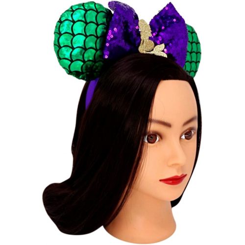  Needzo Mermaid Mouse Ears Headband with Purple Glitter Bow and Scalloped Green Metallic Ears, Costume Accessory, One Size Fits Most