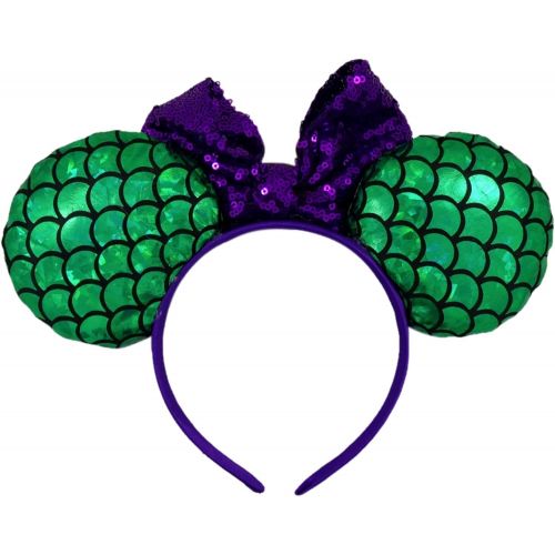  Needzo Mermaid Mouse Ears Headband with Purple Glitter Bow and Scalloped Green Metallic Ears, Costume Accessory, One Size Fits Most