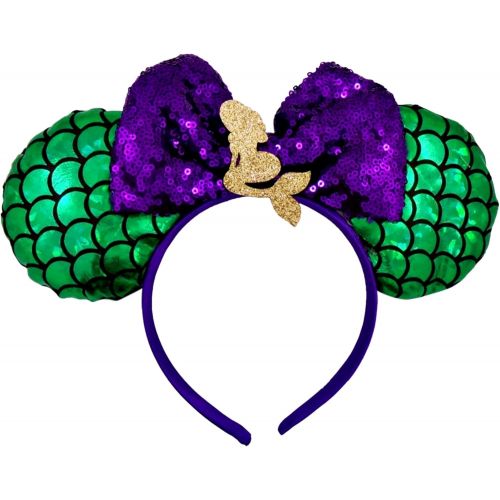  Needzo Mermaid Mouse Ears Headband with Purple Glitter Bow and Scalloped Green Metallic Ears, Costume Accessory, One Size Fits Most