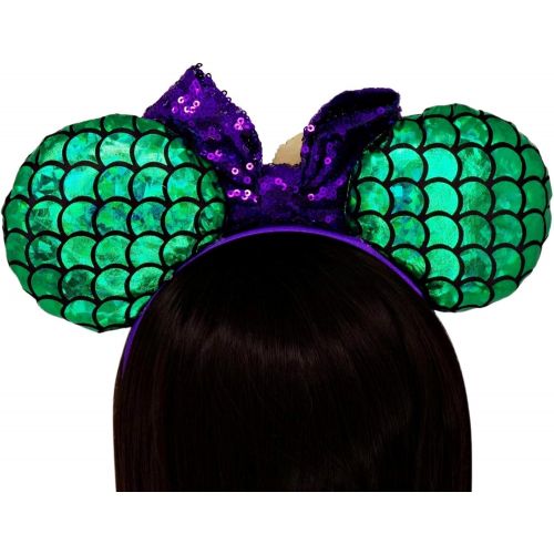  Needzo Mermaid Mouse Ears Headband with Purple Glitter Bow and Scalloped Green Metallic Ears, Costume Accessory, One Size Fits Most